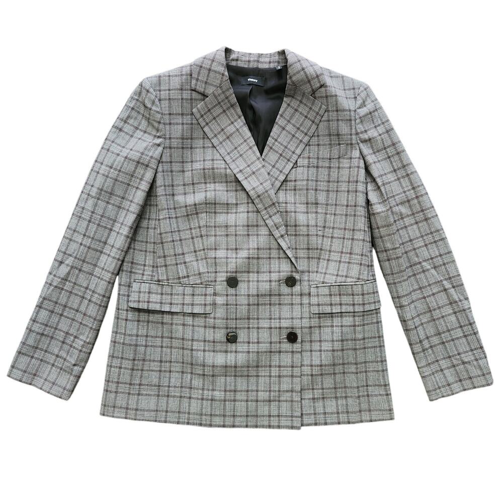 Theory Piazza Double Breasted Plaid Wool Blazer Size 8